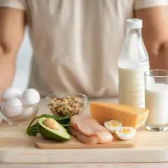 Jak uzupełnić wapń zjonizowany? Na stole produkty bogate w wapń: mleko, ser, jajka, orzechy, awokado i szpinak.