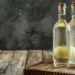 Dwie butelki z jabłkami w środku, obok świeże jabłko. Zastanawiasz się, jak długo trzymać okład z octu?