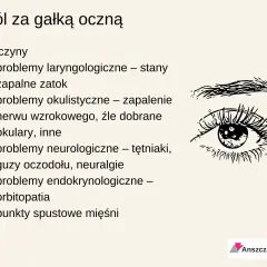 Ból głowy i oczu może mieć różne przyczyny, od problemów z zatokami po neurologiczne. Ilustracja przedstawia oko.