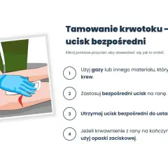 Instrukcja: jak zatamować krwotok. Użyj gazy, zastosuj ucisk bezpośredni na ranę i utrzymuj go. W razie potrzeby użyj opaski zaciskowej.