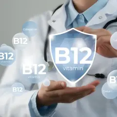 Lekarz prezentuje tarczę z symbolem B12, otoczoną bańkami z napisem "B12 vitamin" i "Cobalamin", sugerując bardzo wysoki poziom witaminy B12.