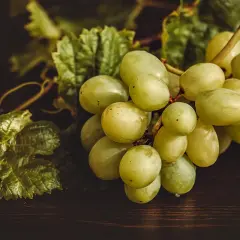 Soczyste winogrona na gałązce, z liśćmi. Ich indeks glikemiczny jest umiarkowany, co czyni je zdrową przekąską.