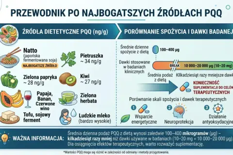 Przewodnik po źródłach PQQ: natto, pietruszka, papryka, kiwi, owoce, wino, herbata, mleko. PQQ co to? Dieta dostarcza mało, suplementacja jest kluczowa.