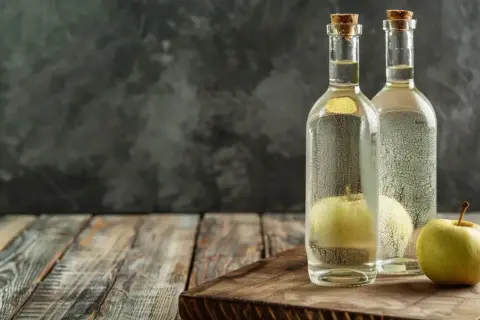 Dwie butelki z jabłkami w środku, obok świeże jabłko. Zastanawiasz się, jak długo trzymać okład z octu?