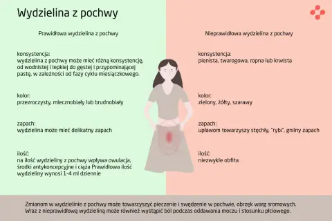 Wydzielina z pochwy w ciąży w 1 trymestrze może być różna. Prawidłowa jest przejrzysta, mlecznobiała, o delikatnym zapachu. Nieprawidłowa może być pienista, żółta, o nieprzyjemnym zapachu.