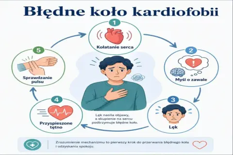 Cykl błędnego koła kardiofobii: kołatanie serca, myśl o zawale, lęk, przyspieszone tętno, sprawdzanie pulsu. Mocne bicie serca napędza lęk.