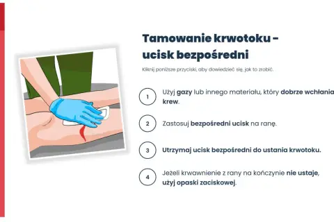 Instrukcja: jak zatamować krwotok. Użyj gazy, zastosuj ucisk bezpośredni na ranę i utrzymuj go. W razie potrzeby użyj opaski zaciskowej.