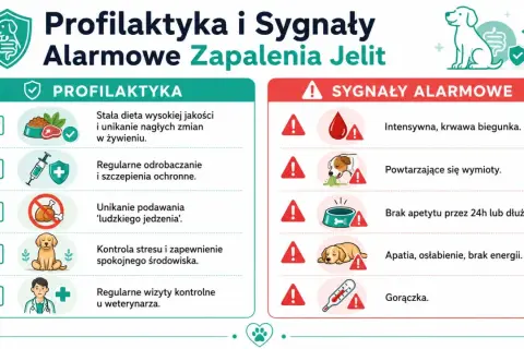 Objawy zapalenia jelit u psa: krwawa biegunka, wymioty, brak apetytu, apatia, gorączka. Profilaktyka to dieta, odrobaczanie, szczepienia.