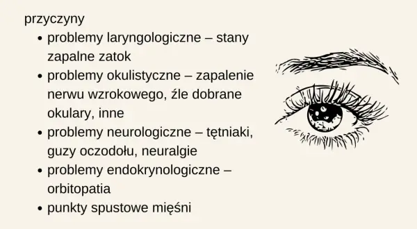 Ból głowy i oczu może mieć różne przyczyny, od problemów z zatokami po neurologiczne. Ilustracja przedstawia oko.