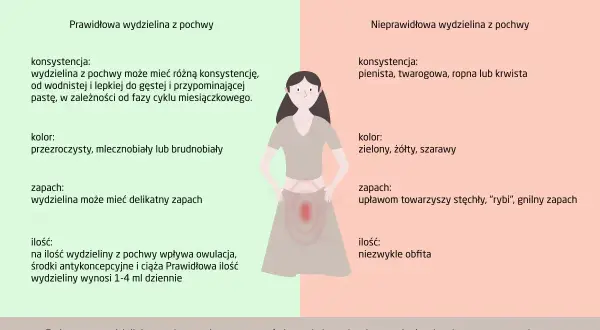 Wydzielina z pochwy w ciąży w 1 trymestrze może być różna. Prawidłowa jest przejrzysta, mlecznobiała, o delikatnym zapachu. Nieprawidłowa może być pienista, żółta, o nieprzyjemnym zapachu.