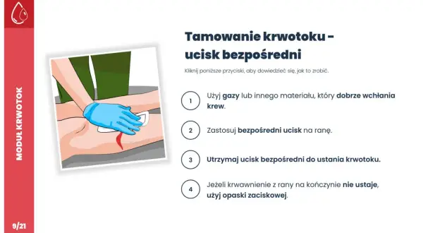 Instrukcja: jak zatamować krwotok. Użyj gazy, zastosuj ucisk bezpośredni na ranę i utrzymuj go. W razie potrzeby użyj opaski zaciskowej.