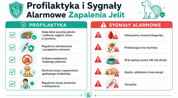 Objawy zapalenia jelit u psa: krwawa biegunka, wymioty, brak apetytu, apatia, gorączka. Profilaktyka to dieta, odrobaczanie, szczepienia.