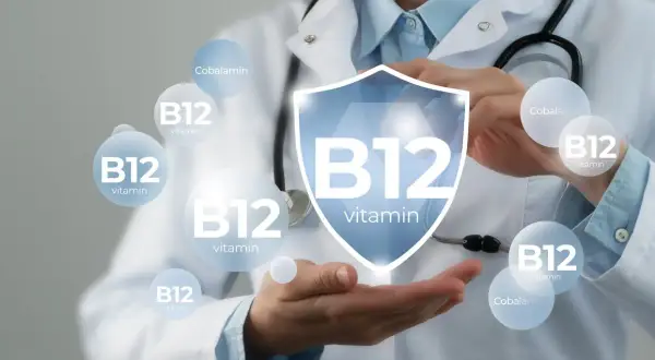 Lekarz prezentuje tarczę z symbolem B12, otoczoną bańkami z napisem "B12 vitamin" i "Cobalamin", sugerując bardzo wysoki poziom witaminy B12.