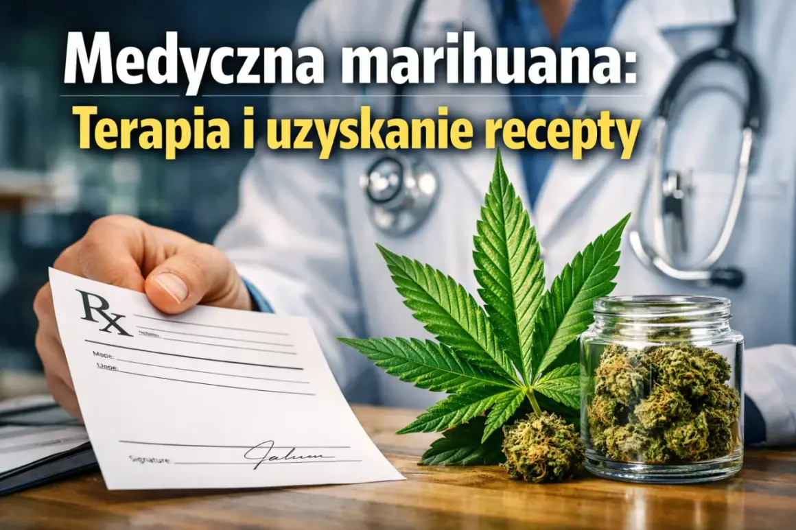 Lekarz podaje receptę, obok liść konopi i słoik z marihuaną medyczną.