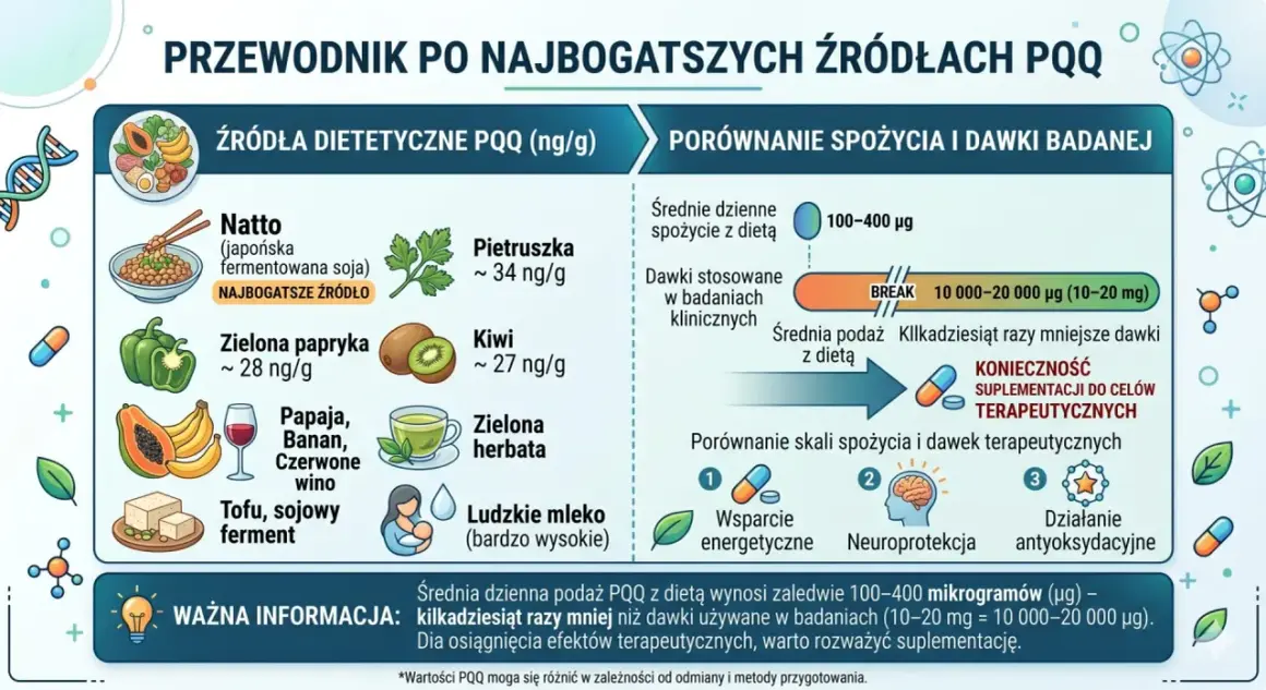 Przewodnik po źródłach PQQ: natto, pietruszka, papryka, kiwi, owoce, wino, herbata, mleko. PQQ co to? Dieta dostarcza mało, suplementacja jest kluczowa.