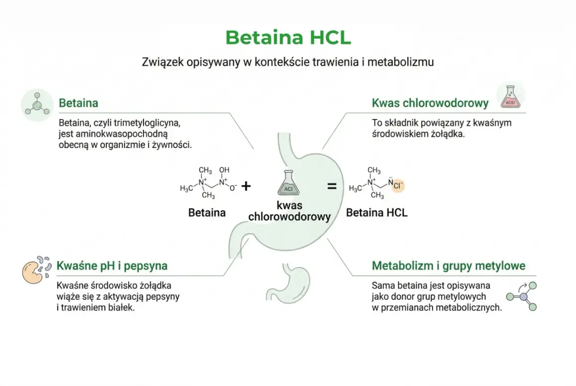 Betaina HCL to związek, który powstaje z betainy i kwasu chlorowodorowego. Betaina, czyli trimetyloglicyna, jest ważna dla trawienia.