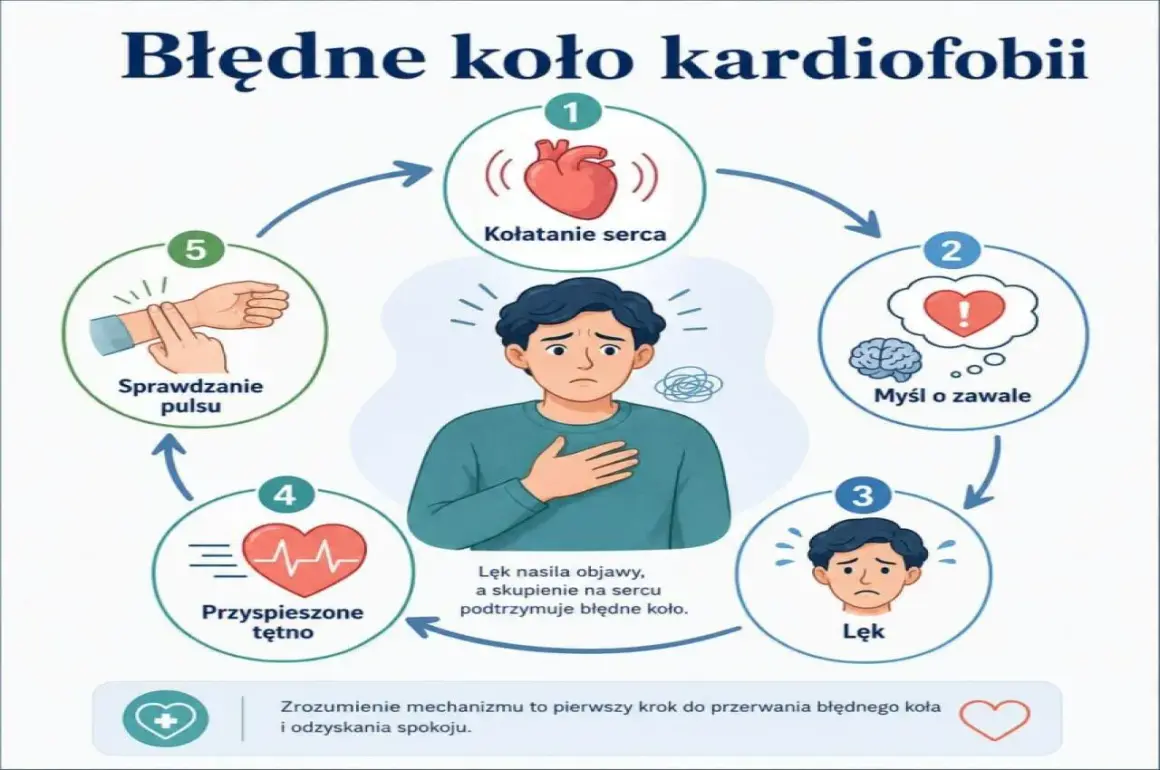Cykl błędnego koła kardiofobii: kołatanie serca, myśl o zawale, lęk, przyspieszone tętno, sprawdzanie pulsu. Mocne bicie serca napędza lęk.