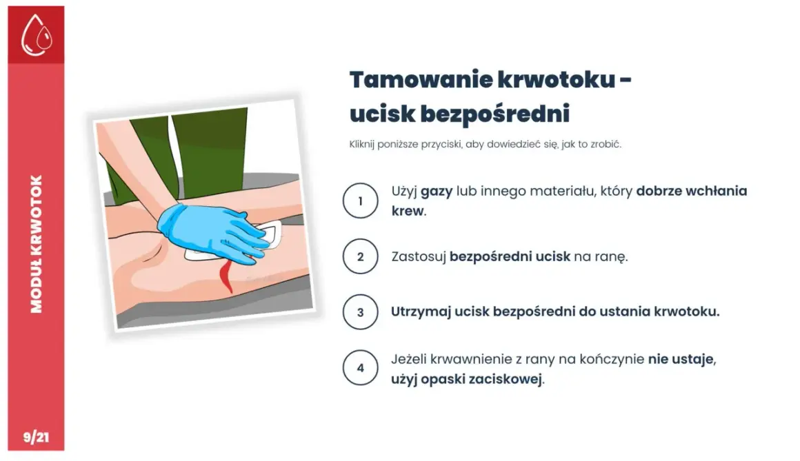 Instrukcja: jak zatamować krwotok. Użyj gazy, zastosuj ucisk bezpośredni na ranę i utrzymuj go. W razie potrzeby użyj opaski zaciskowej.