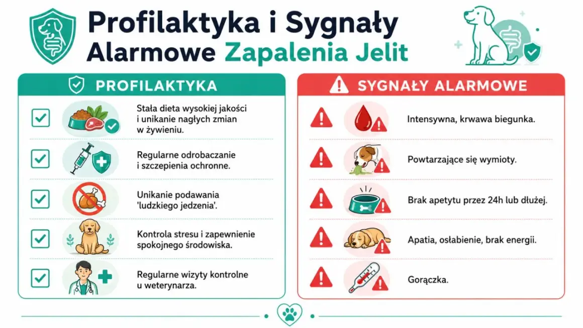 Objawy zapalenia jelit u psa: krwawa biegunka, wymioty, brak apetytu, apatia, gorączka. Profilaktyka to dieta, odrobaczanie, szczepienia.