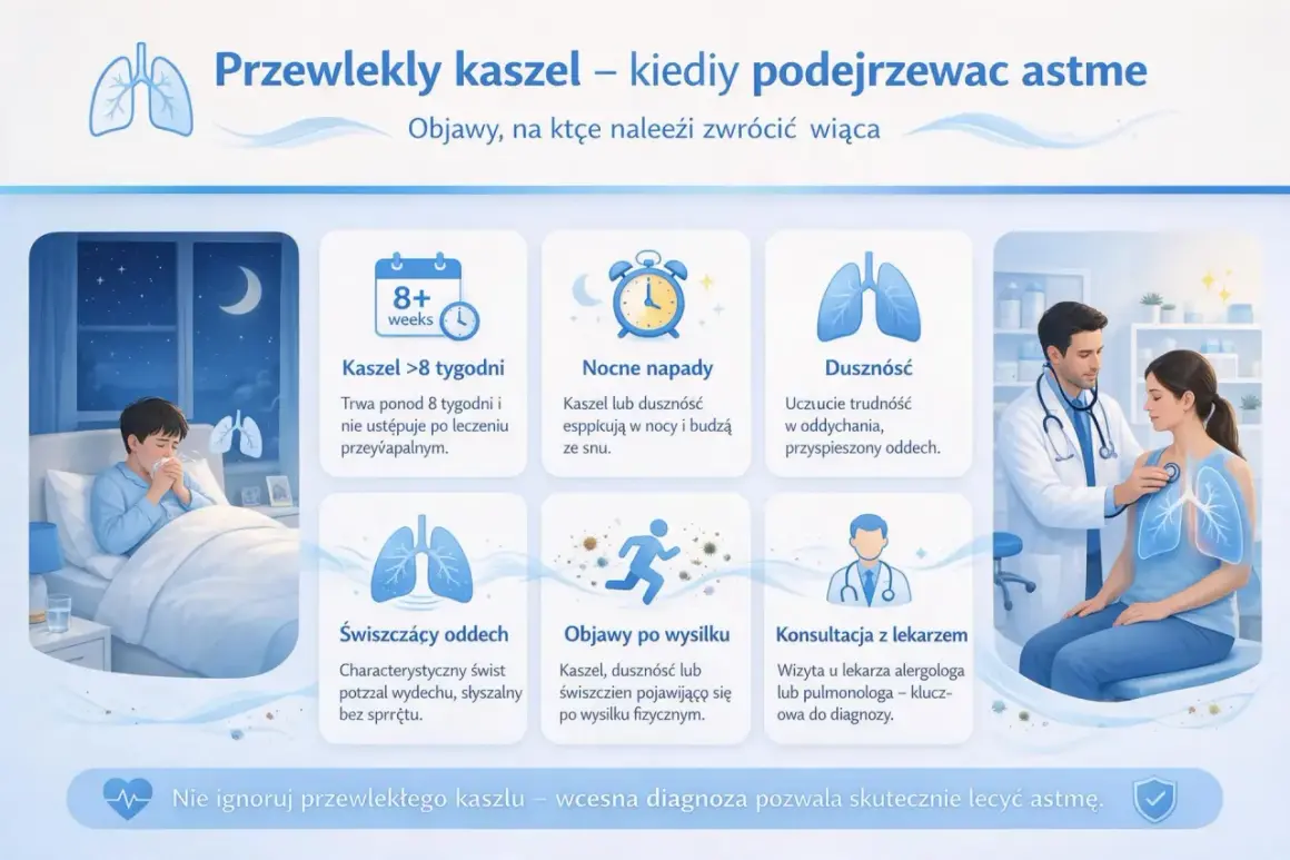 Przewlekły kaszel, nocne napady, duszności, świszczący oddech – to objawy astmy, które wymagają konsultacji z lekarzem.