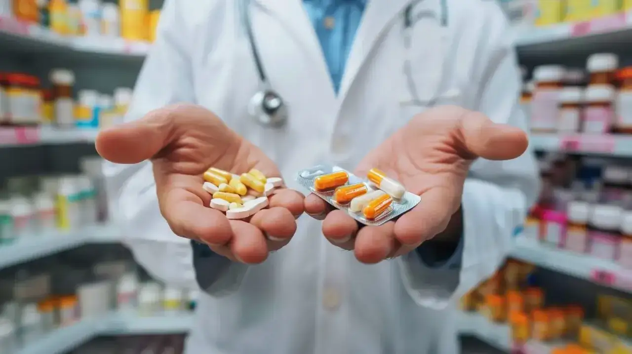 Farmaceuta pokazuje różne leki, podkreślając znaczenie świadomości interakcji między lekami.