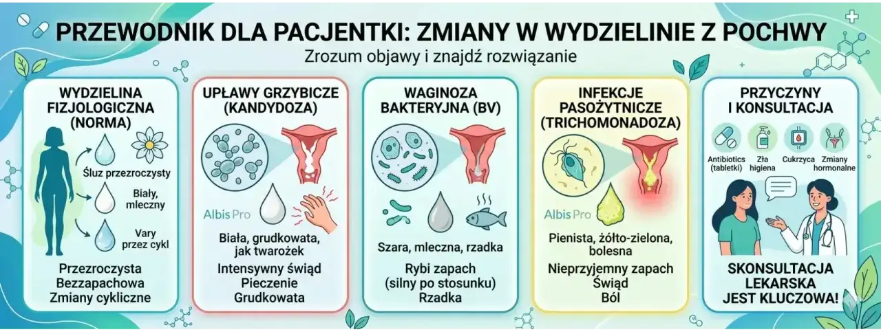 Infekcja pochwy objawy: grzybica (biała, grudkowata wydzielina, świąd), waginoza (szara, rybi zapach) i trichomonadoza (żółto-zielona, pienista wydzielina). Konsultacja lekarska kluczowa.