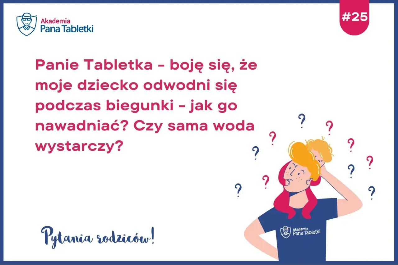 Rodzic pyta o nawadnianie dziecka podczas biegunki. Czy sama woda wystarczy? Ilustracja przedstawia zmartwionego rodzica z dzieckiem na ramionach, otoczonego znakami zapytania.