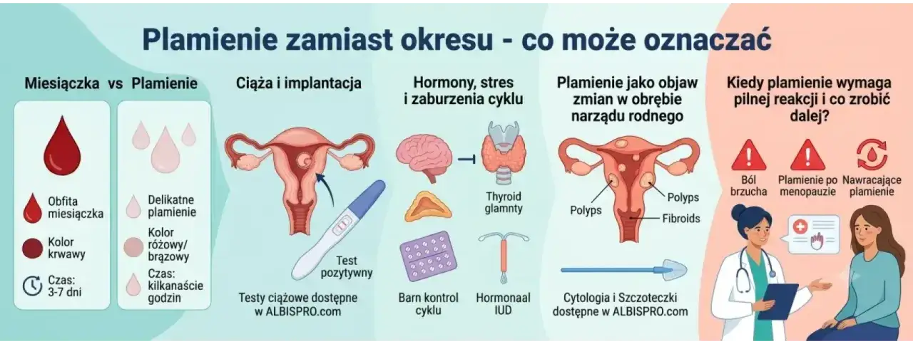 Plamienie w ciąży może być objawem implantacji. Infografika por&oacute;wnuje miesiączkę z plamieniem, omawia przyczyny i kiedy szukać pomocy medycznej.
