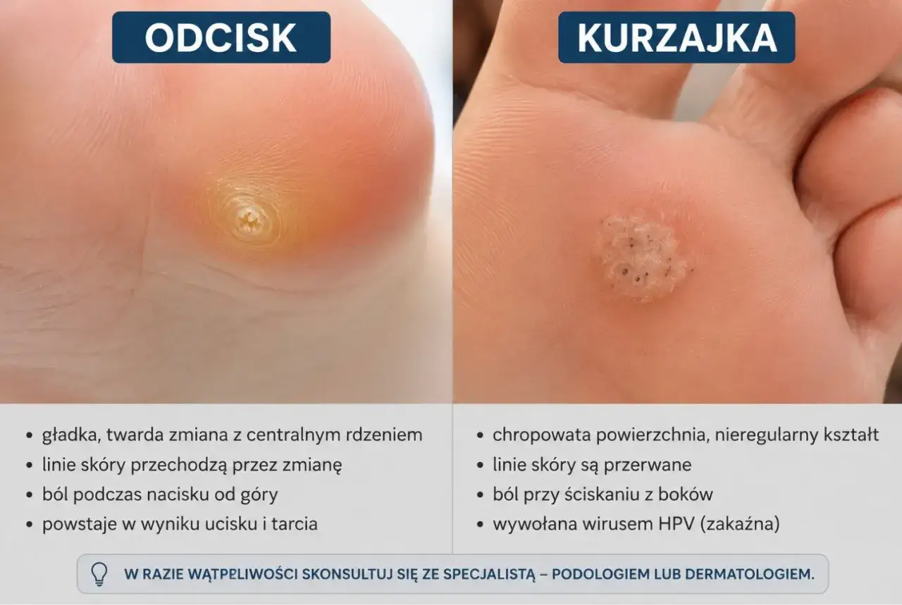 Porównanie odcisku i kurzajki na stopach. Kurzajka jest wywołana wirusem HPV.