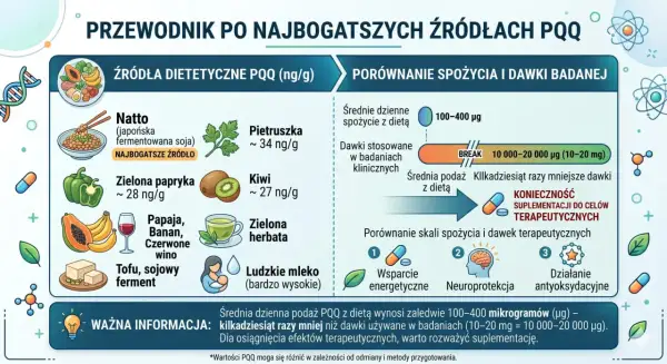 Przewodnik po źródłach PQQ: natto, pietruszka, papryka, kiwi, owoce, wino, herbata, mleko. PQQ co to? Dieta dostarcza mało, suplementacja jest kluczowa.