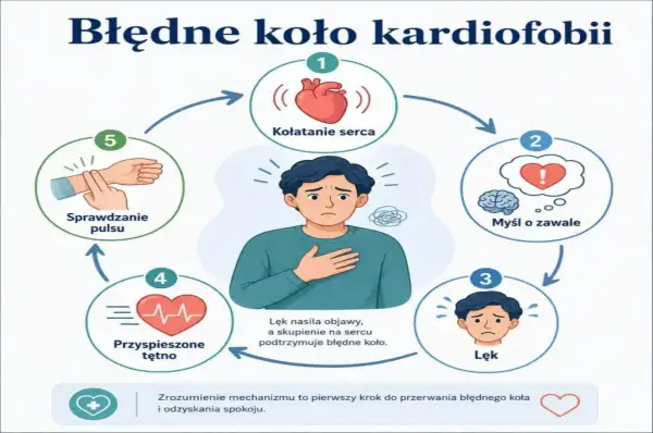 Cykl błędnego koła kardiofobii: kołatanie serca, myśl o zawale, lęk, przyspieszone tętno, sprawdzanie pulsu. Mocne bicie serca napędza lęk.